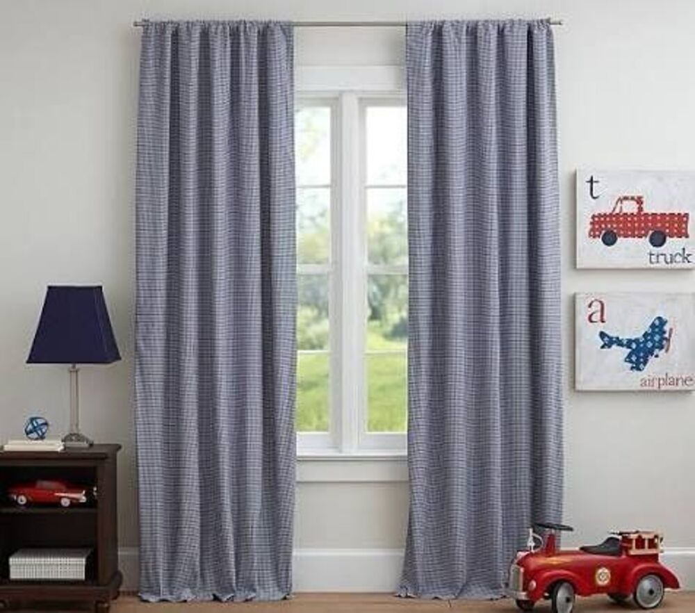 Pottery Barn Blue Gingham Blackout Curtain Panels (4)